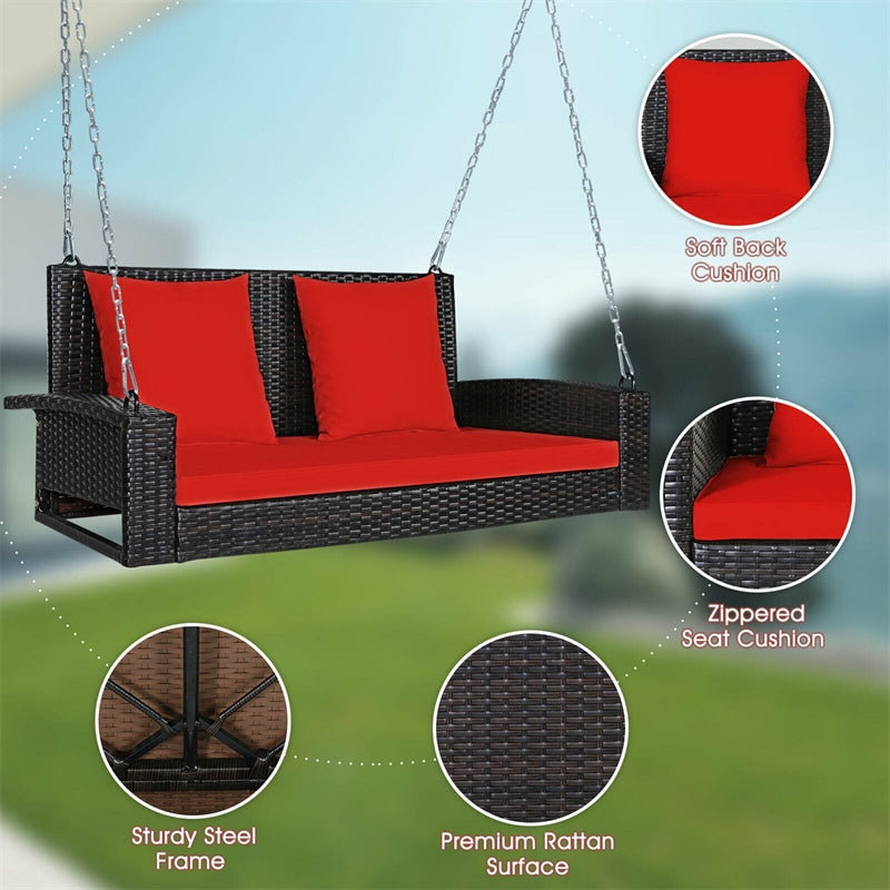 2-Person Outdoor Wicker Hanging Porch Swing Bench with 3 Cushions-Aldronix