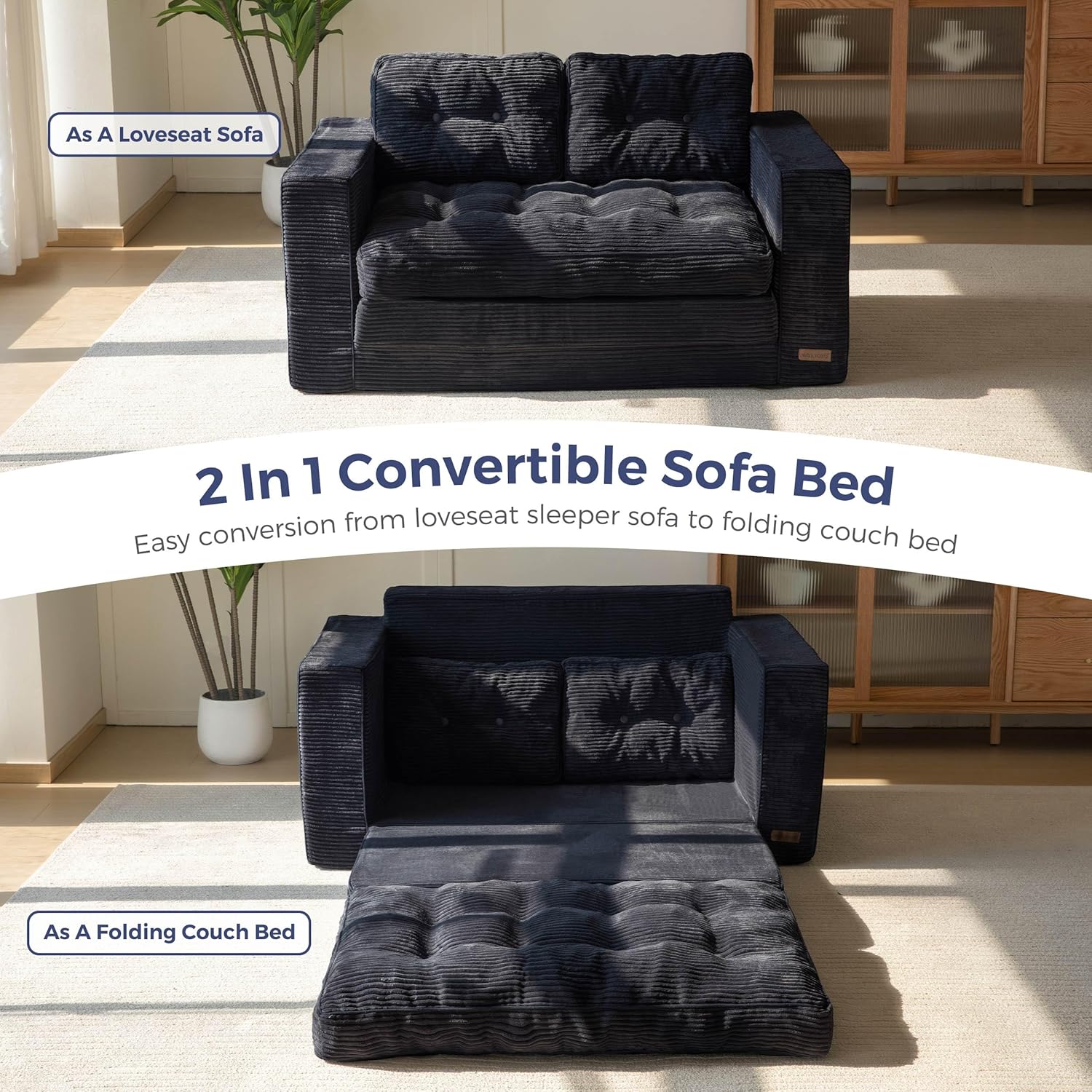  Convertible Sofa Bed, Pull Out Loveseat Sleeper Sofa, 2 in 1 Folding Couch Bed, Fold Out Floor Couch with Pillows for Living Room Bedroom Lounge, Beige-Aldronix