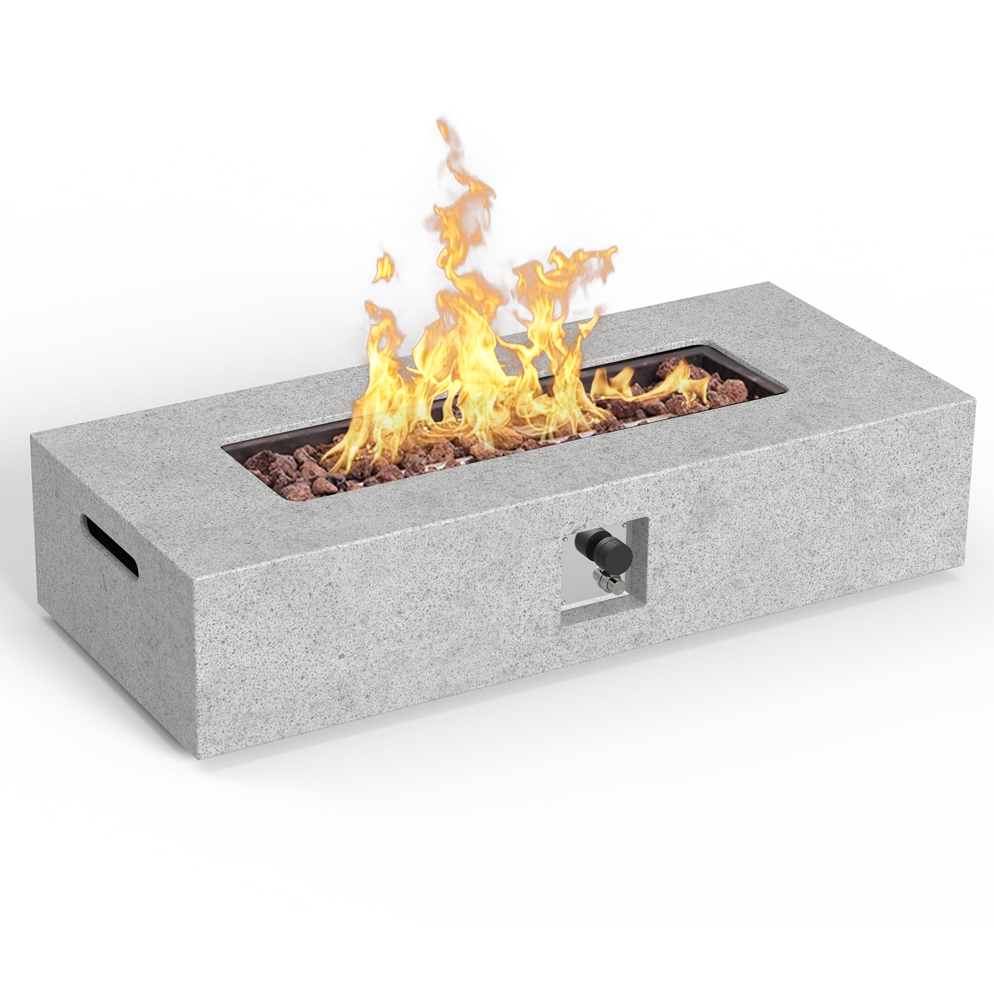 56 inch Concrete Propane Fire Pit Table, 50,000 BTU Outdoor Firepit Rectangular Table with Propane Tank Metal Stand, Fire Glass Beads and Waterproof Cover, White-Aldronix