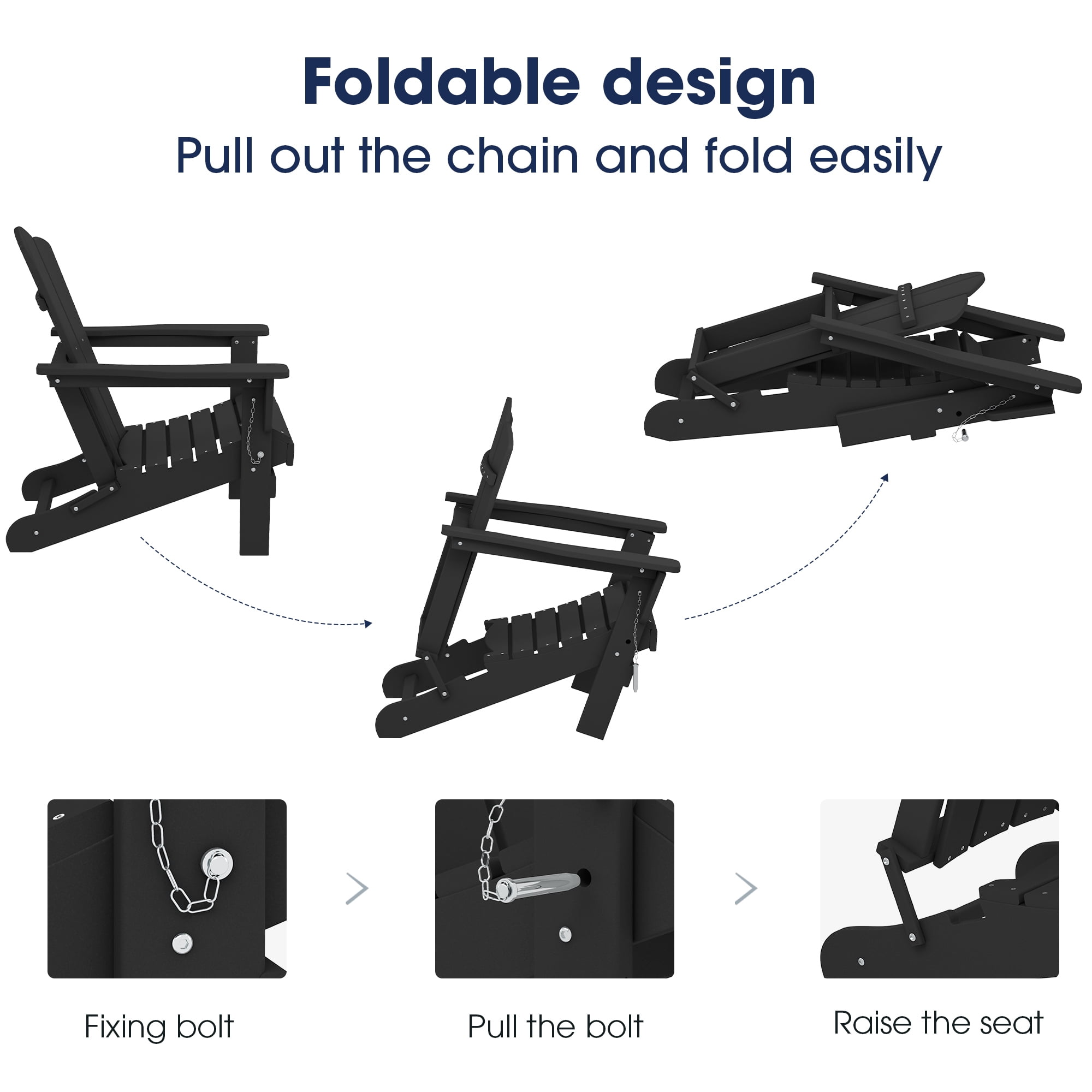 Outdoor Patio Folding HDPE Resin Adirondack Chair, Black-Aldronix