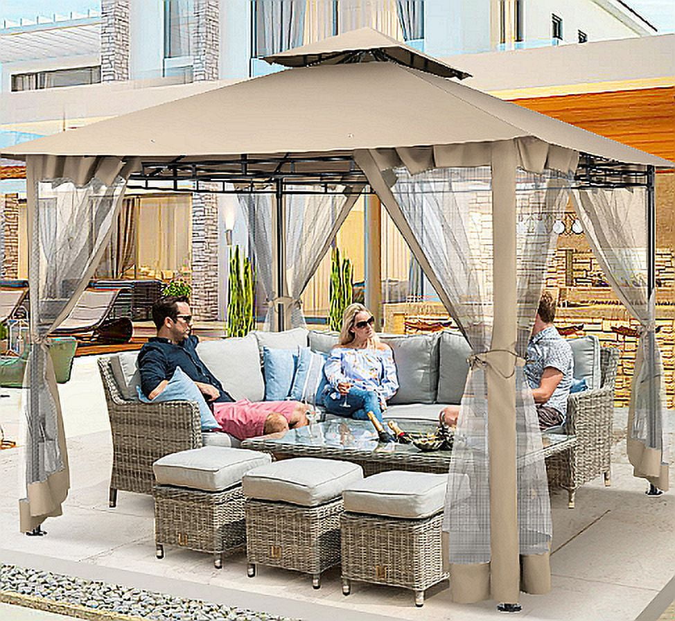 10'x 13' Metal Patio Gazebo, Outdoor Gazebo Canopy Tent for Backyard with Mosquito Netting, Gazebos Shelter with Steel Frame, Patio Covers for Sun and Rain, Brown-Aldronix