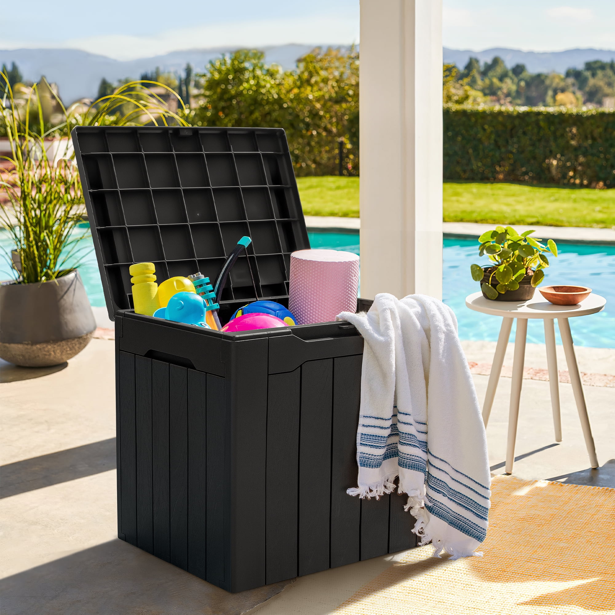 31 Gallon Outdoor Deck Box In Resin with Seat, Light Coffee-Aldronix