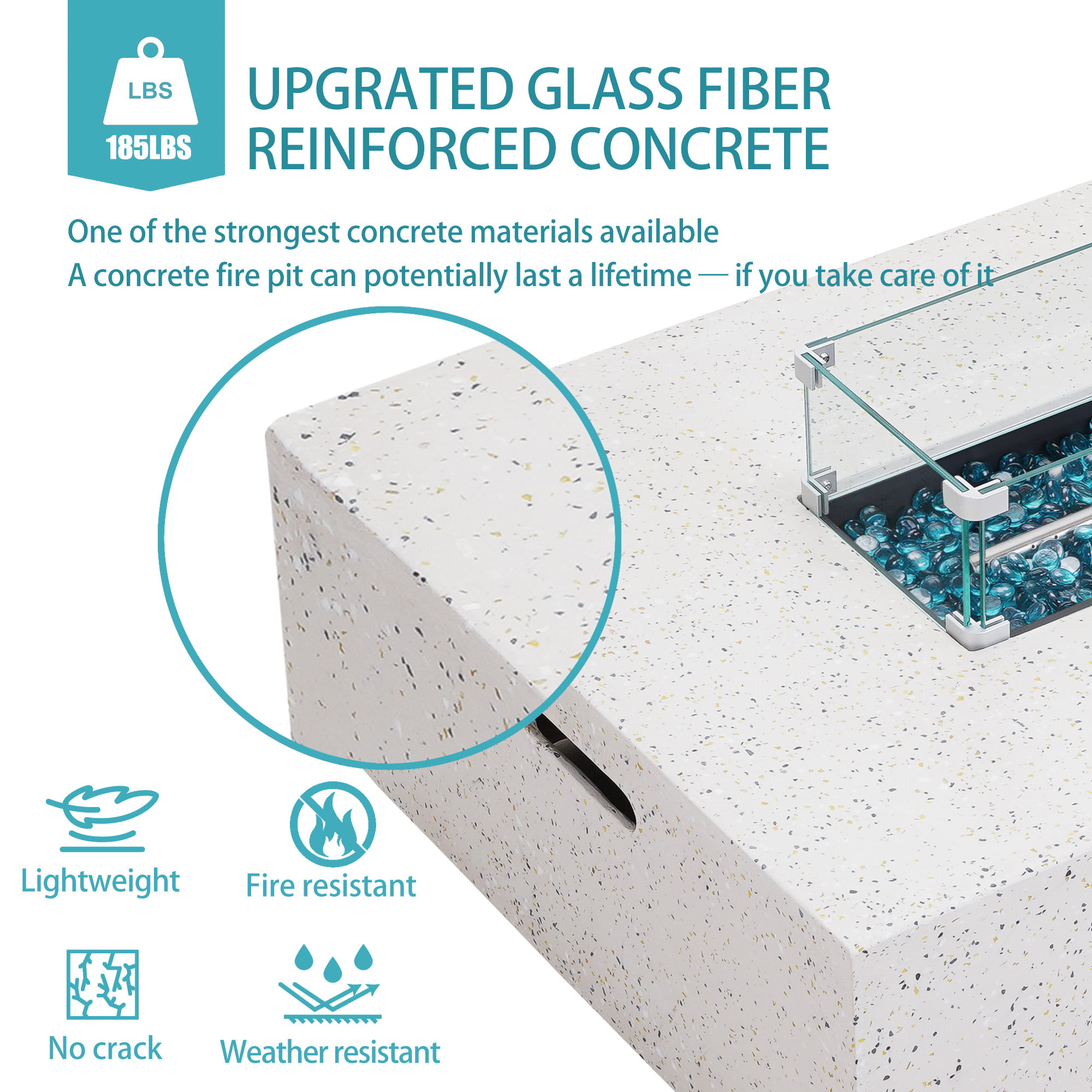 56 inch Concrete Propane Fire Pit Table, 50,000 BTU Outdoor Firepit Rectangular Table with Propane Tank Metal Stand, Fire Glass Beads and Waterproof Cover, White-Aldronix