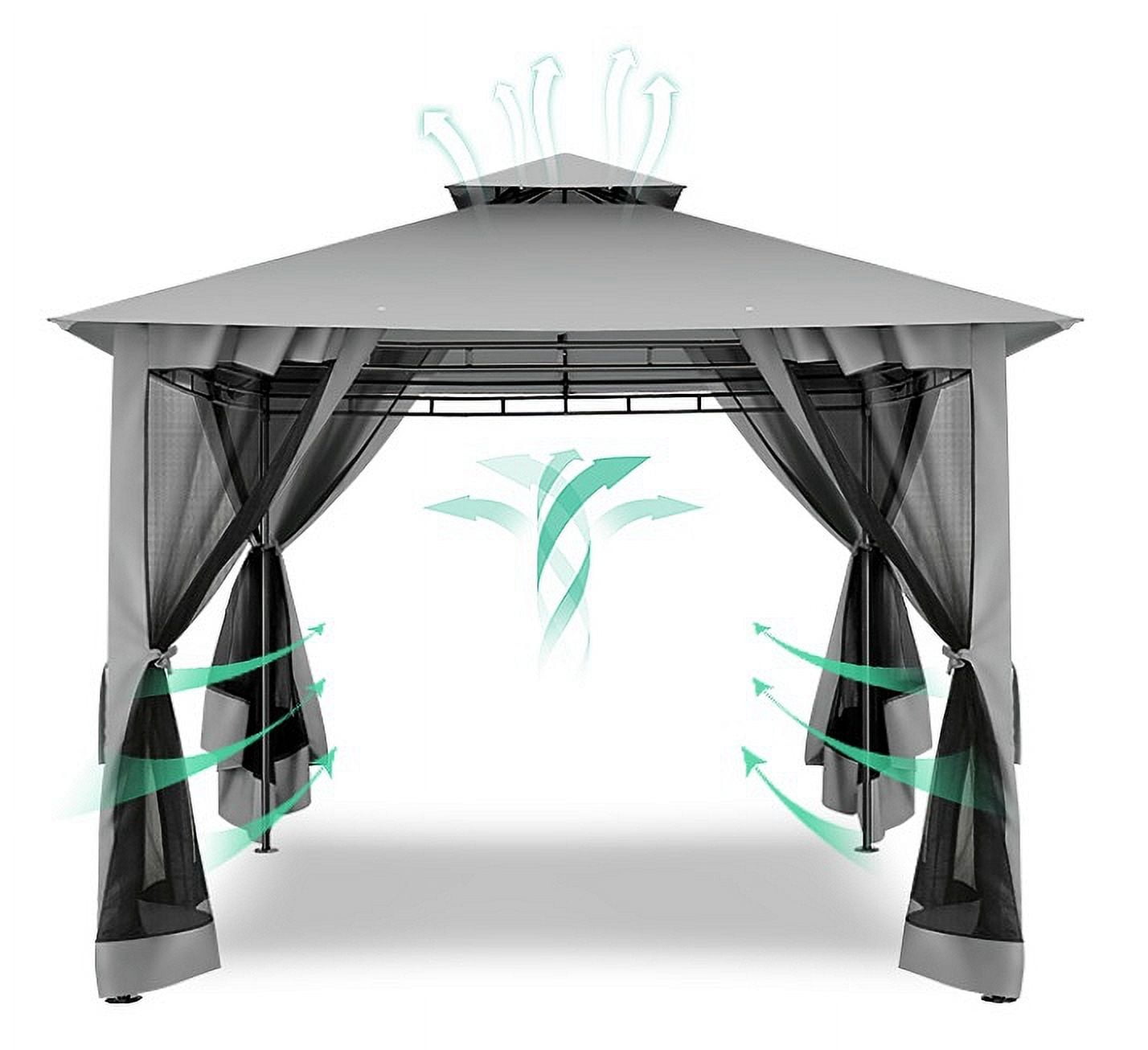 10'x 13' Metal Patio Gazebo, Outdoor Gazebo Canopy Tent for Backyard with Mosquito Netting, Gazebos Shelter with Steel Frame, Patio Covers for Sun and Rain, Brown-Aldronix