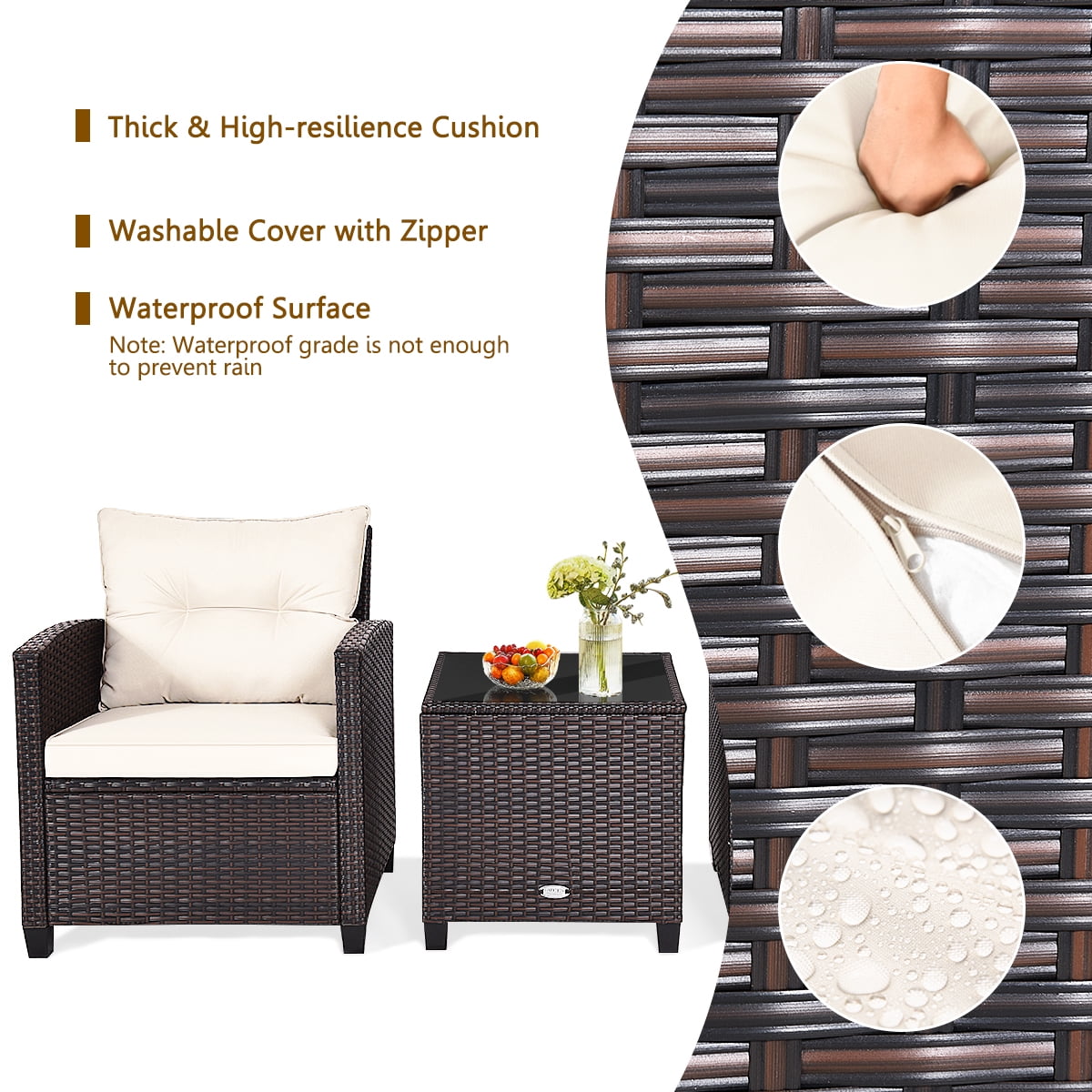 3 Pieces Wicker Cushioned Conversation Set Outdoor Rattan Furniture with Turquoise Cushions-Aldronix