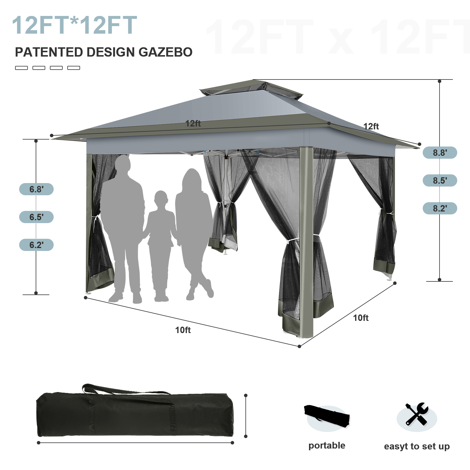 11x11 Pop up Gazebo Outdoor Canopy Gazebo Patio Gazebo with Mosquito Netting Canopy Shelter with 121 Square feet of Shade for Poolside, Garden, Party and Backyard, Khaki-Aldronix