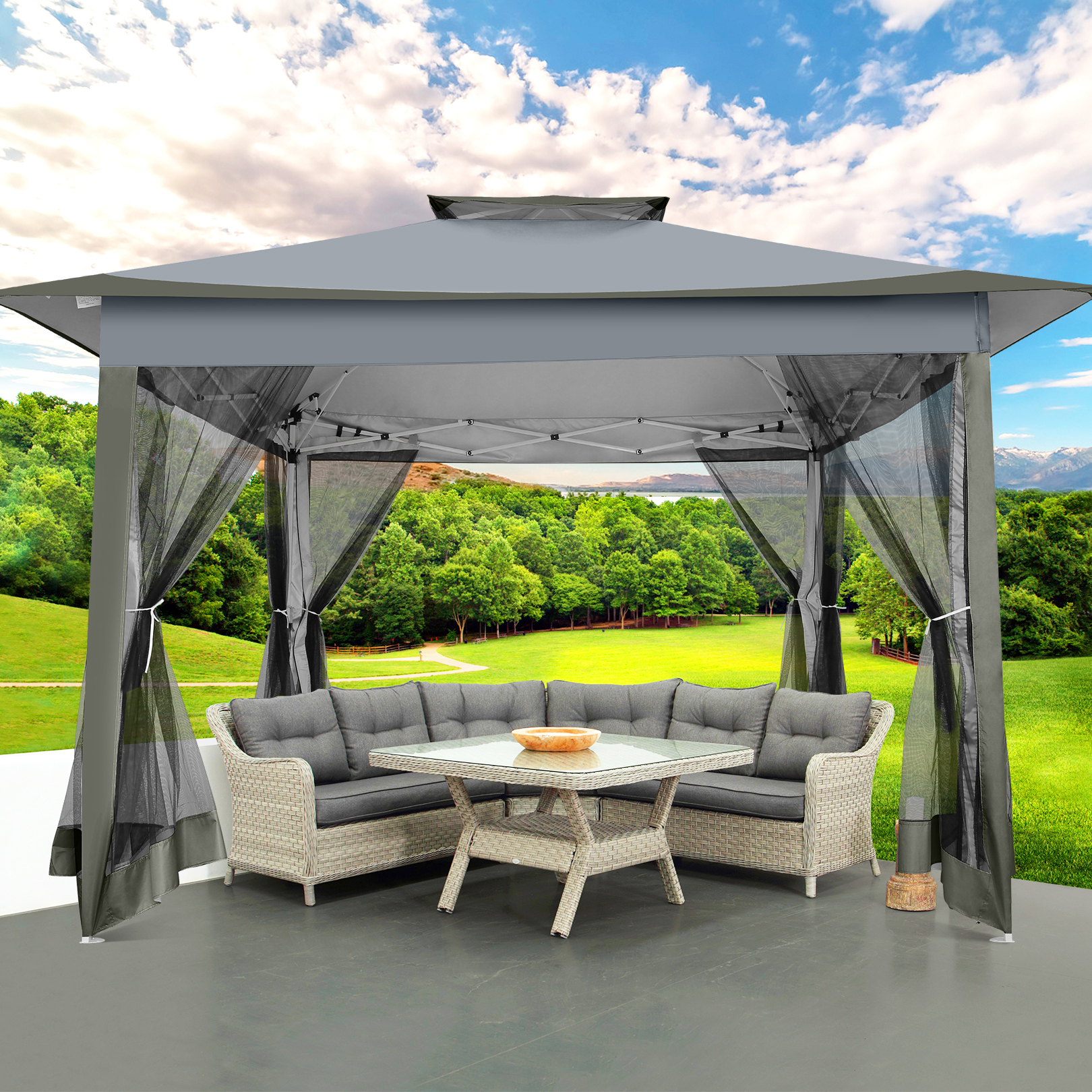 11x11 Pop up Gazebo Outdoor Canopy Gazebo Patio Gazebo with Mosquito Netting Canopy Shelter with 121 Square feet of Shade for Poolside, Garden, Party and Backyard, Khaki-Aldronix