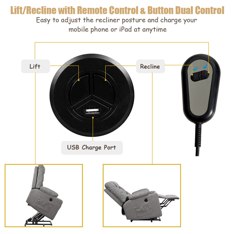 Power Lift Recliner Chair Fabric Electric Massage Reclining Sofa Elderly Lift Chair with 8 Point Massage Lumbar Heat USB Charge Port-Aldronix