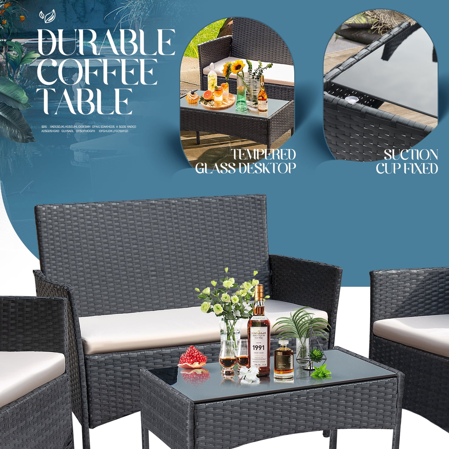 4 Pieces Patio Conversation Set Outdoor PE Rattan Wicker Chairs Set and Table, Brown-Aldronix