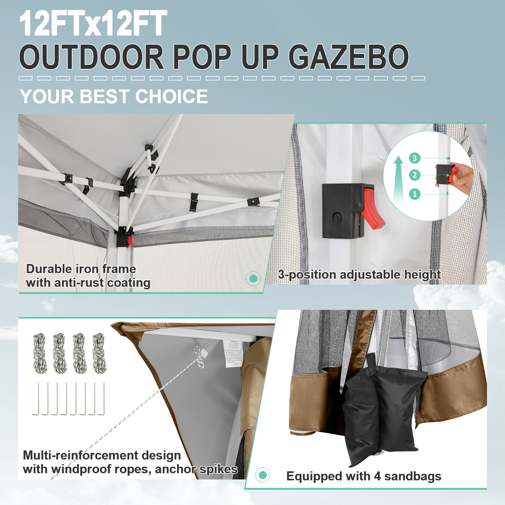 11x11 Pop up Gazebo Outdoor Canopy Gazebo Patio Gazebo with Mosquito Netting Canopy Shelter with 121 Square feet of Shade for Poolside, Garden, Party and Backyard, Khaki-Aldronix