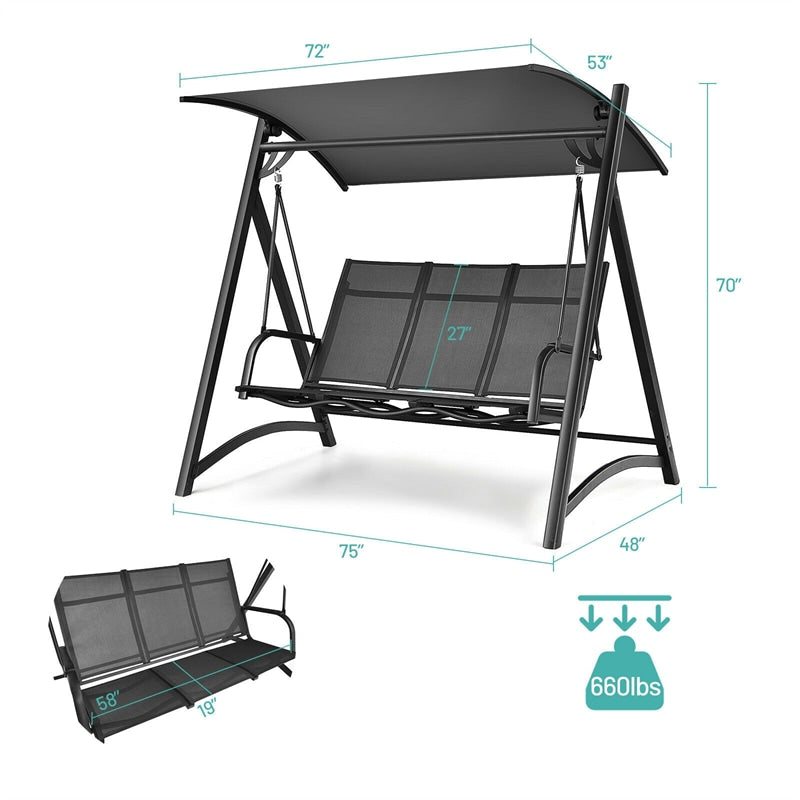 3 Person Aluminum Outdoor Porch Swing Chair with Adjustable Canopy-Aldronix