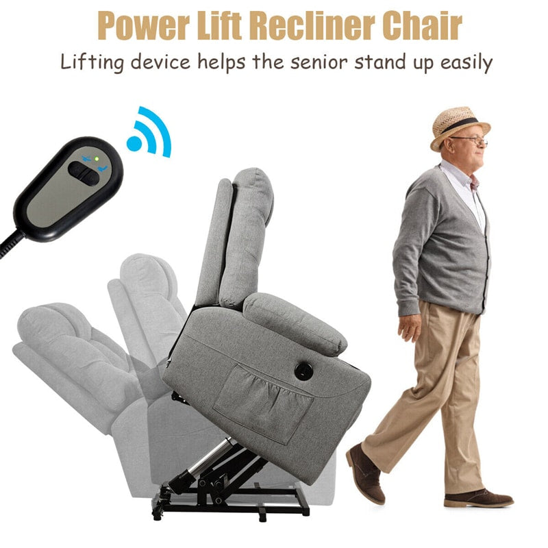 Power Lift Recliner Chair Fabric Electric Massage Reclining Sofa Elderly Lift Chair with 8 Point Massage Lumbar Heat USB Charge Port-Aldronix