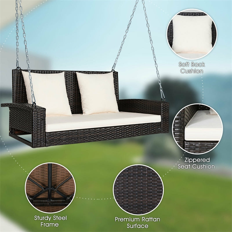 2-Person Outdoor Wicker Hanging Porch Swing Bench with 3 Cushions-Aldronix