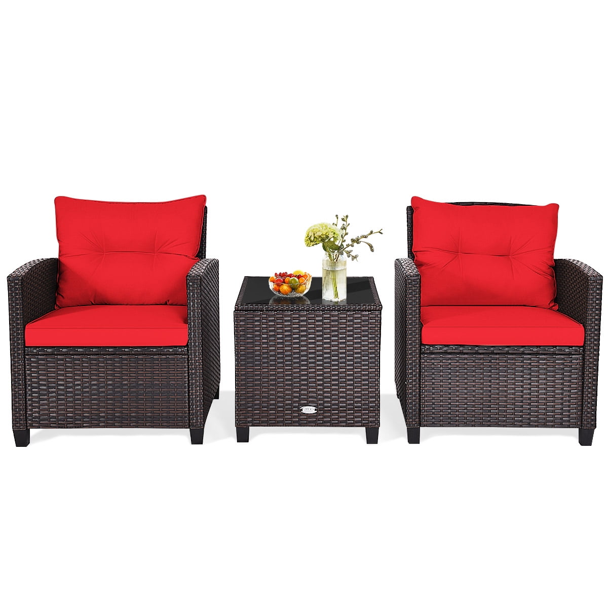 3 Pieces Wicker Cushioned Conversation Set Outdoor Rattan Furniture with Turquoise Cushions-Aldronix
