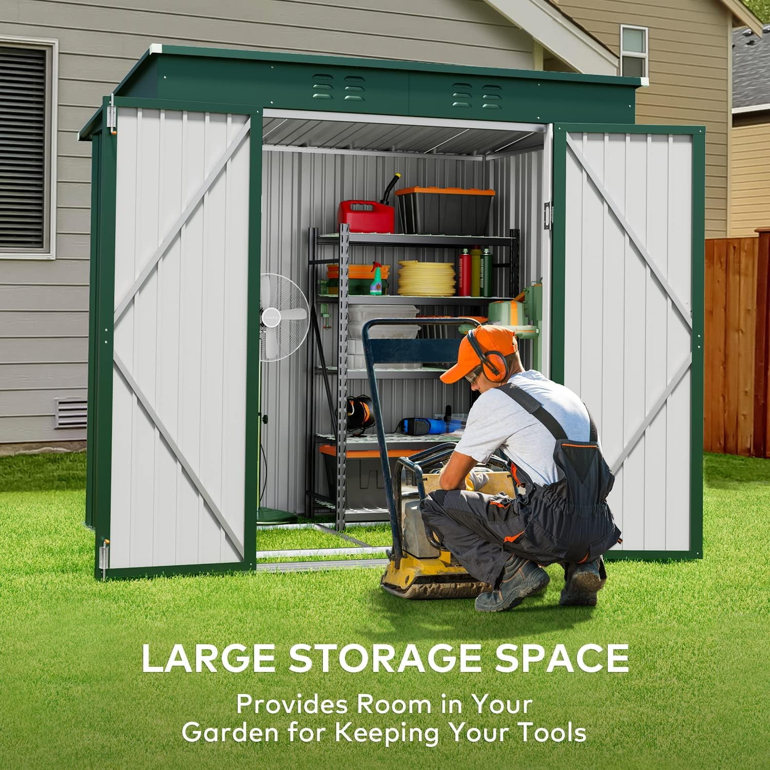 Outdoor Storage Shed with Double Lockable Doors and Base Frame, Green-Aldronix