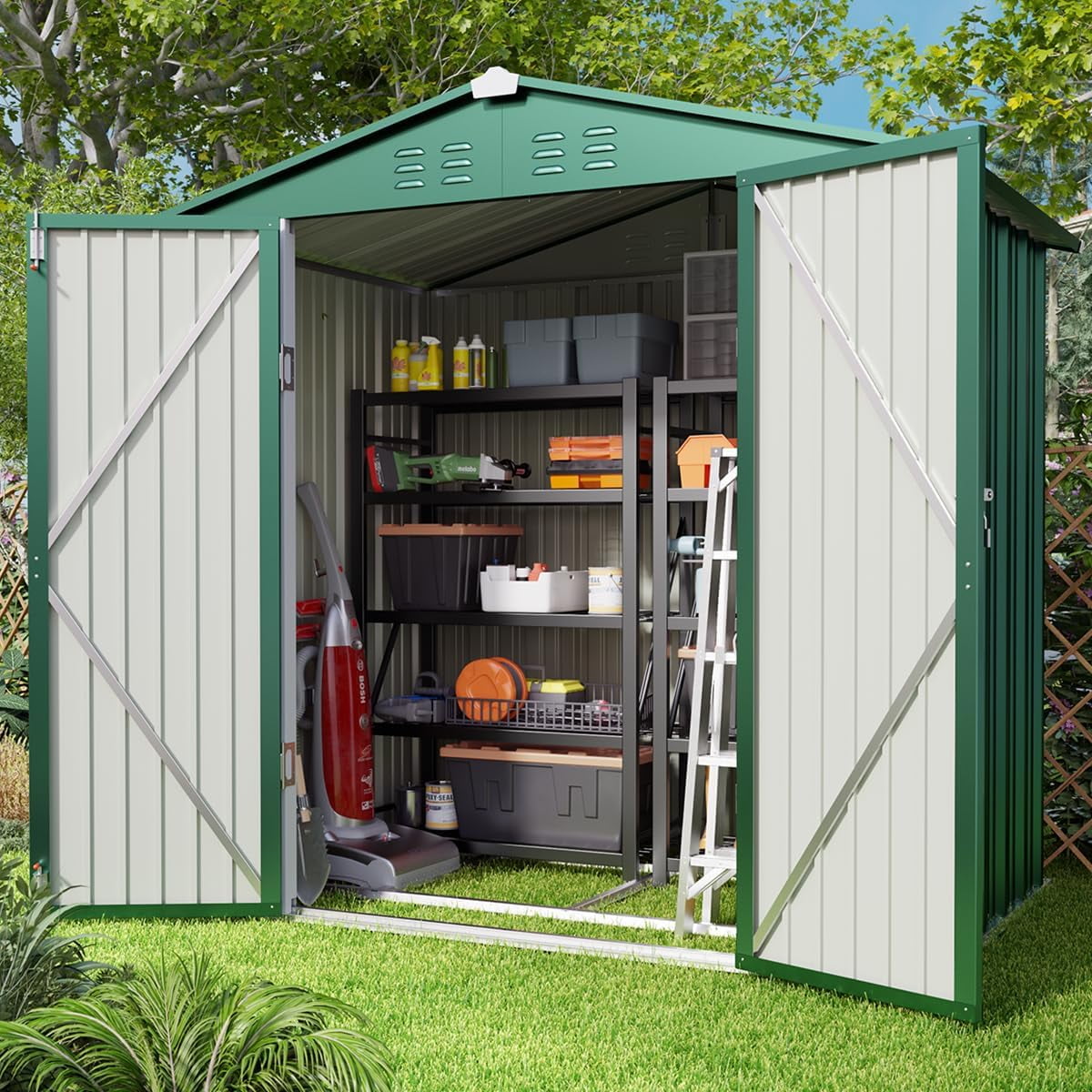 8 x 6 FT Outdoor Storage Shed on Clearance with Metal Base Frame and Double Lockable Doors for Garden, Patio - Gray-Aldronix