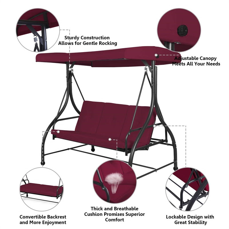 3 Seats Outdoor Patio Porch Swing Chair with Cushion Seat & Adjustable Tilt Canopy-Aldronix
