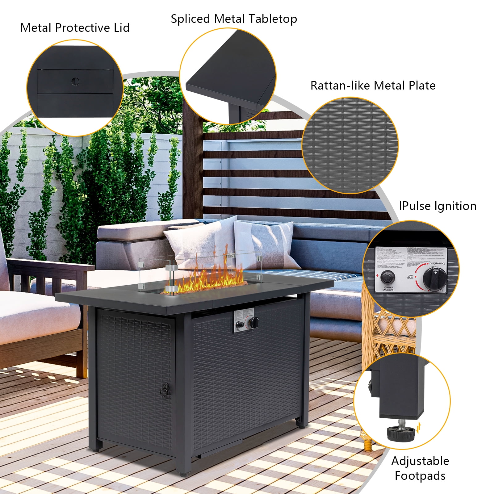 Square Propane Fire Pit Table, Outdoor Gas Fire Pit Table with Lava Rocks and Lid, Gas Heater for Bonfire Patio Garden Backyard, 28-Inch 50,000 BTU Auto-Ignition Fire Table, CSA Certification-Aldronix