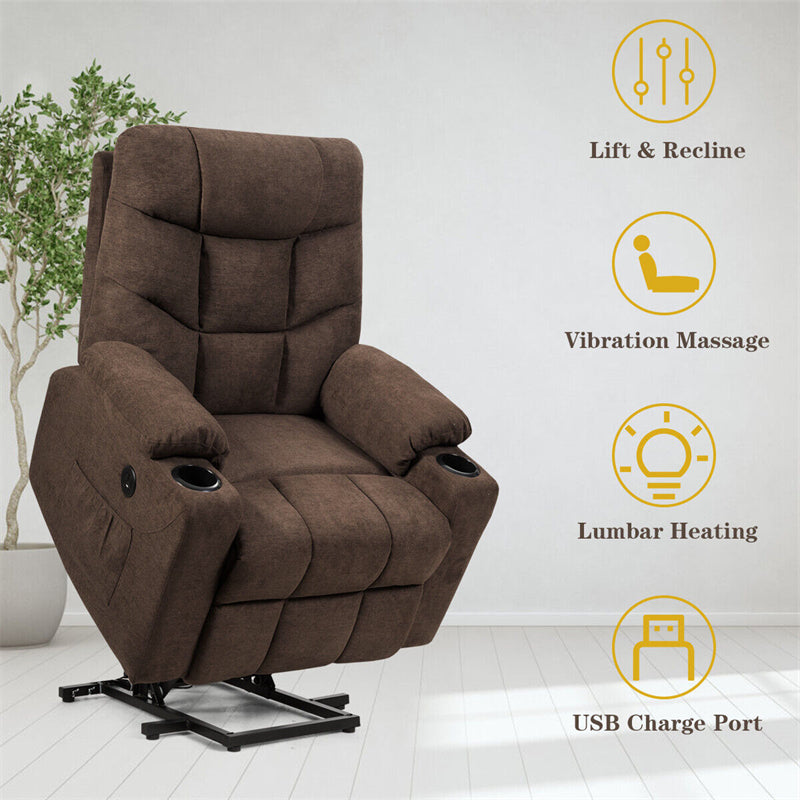 Power Lift Recliner Chair Fabric Electric Massage Reclining Sofa Elderly Lift Chair with 8 Point Massage Lumbar Heat USB Charge Port-Aldronix