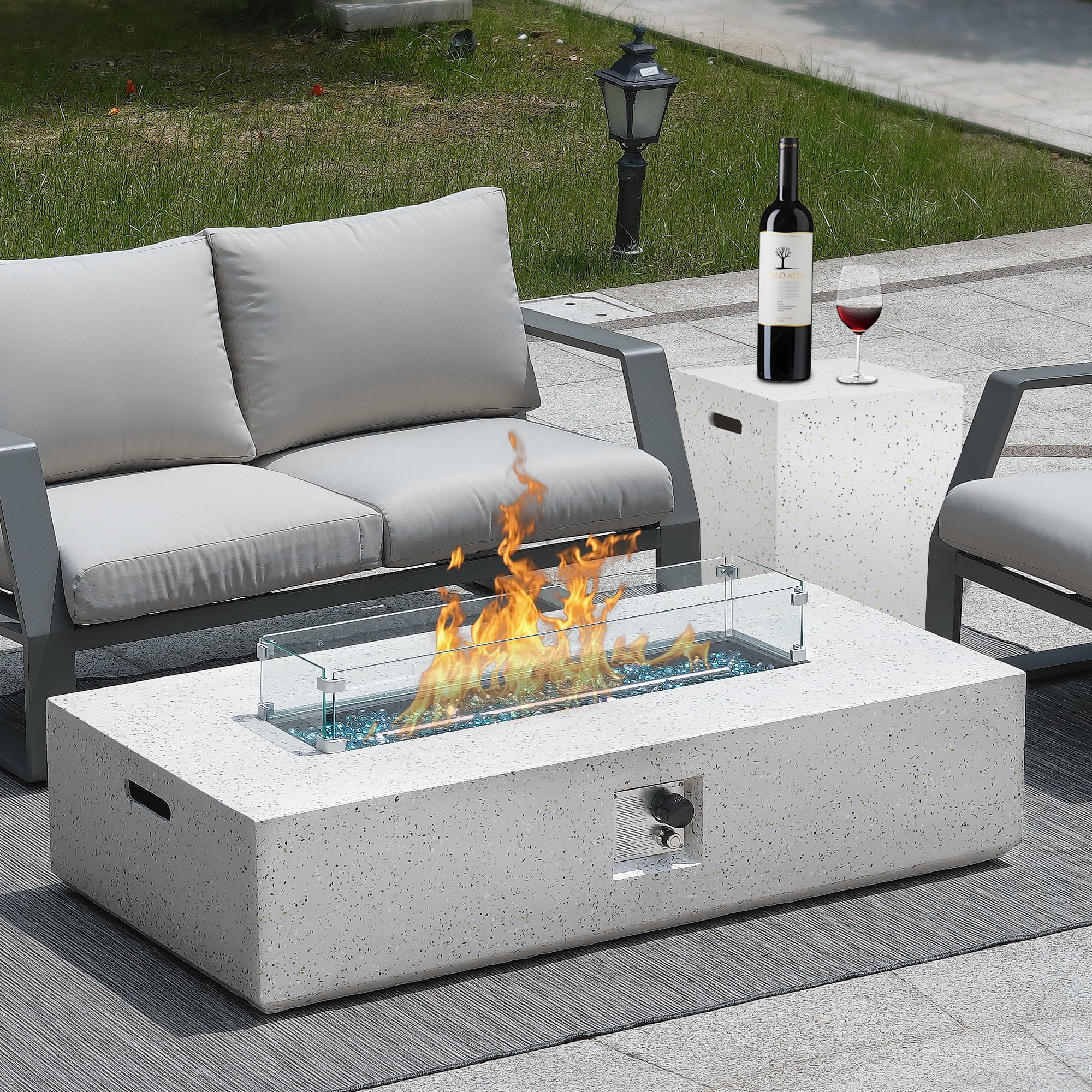 56 inch Concrete Propane Fire Pit Table, 50,000 BTU Outdoor Firepit Rectangular Table with Propane Tank Metal Stand, Fire Glass Beads and Waterproof Cover, White-Aldronix