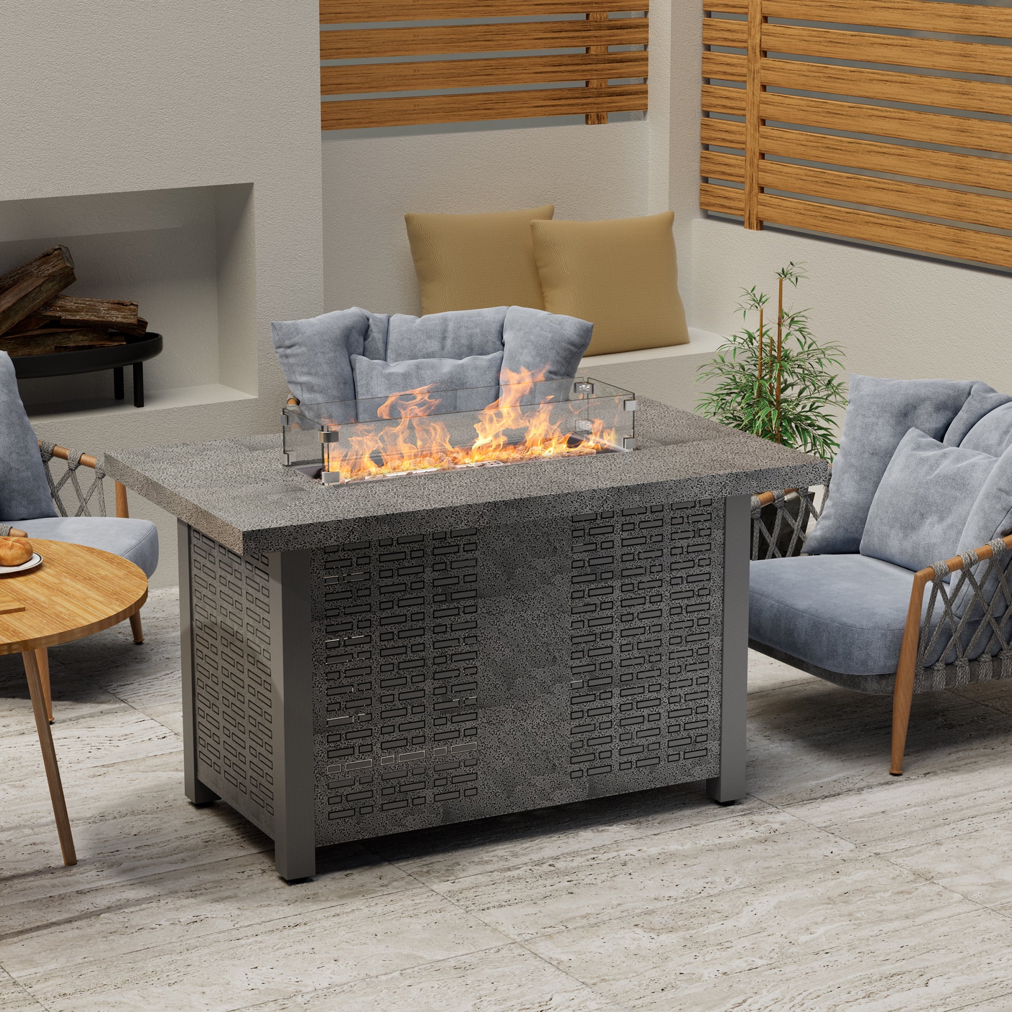 28" Propane Gas Fire Pit Table, 50000 BTU Steel Fire Table with Lid and Waterproof Cover, Black-Aldronix