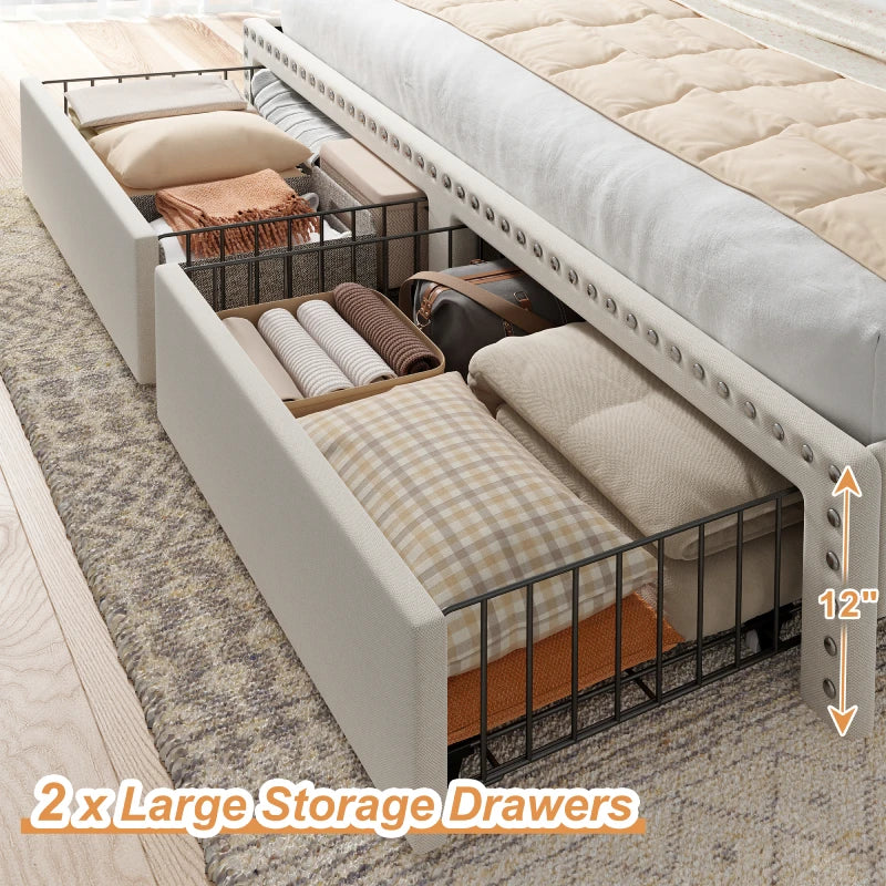 e Upholstered Queen Bed Frame with Storage and Headboard, Heavy Duty Metal Bed Frame with 2 Drawers, Noise-Free, White-Aldronix