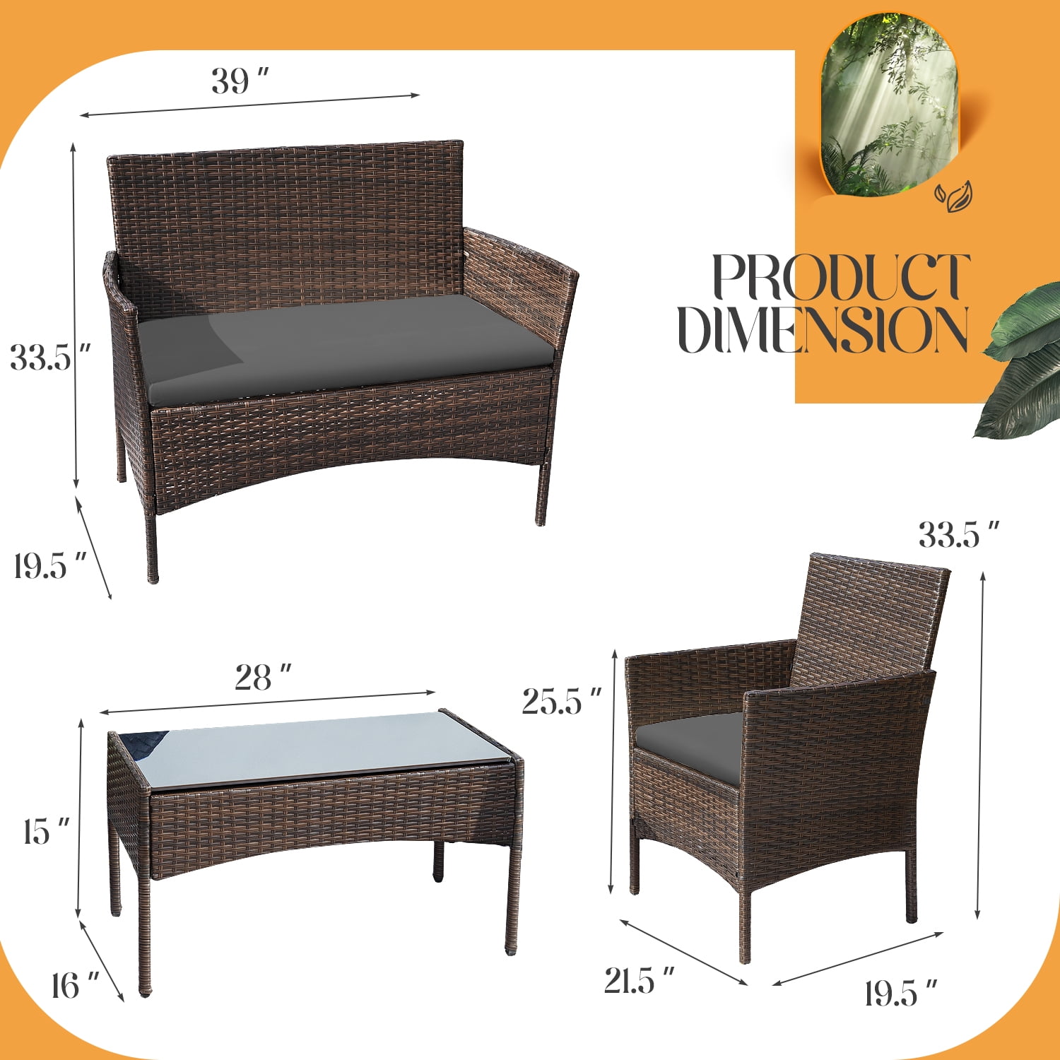 4 Pieces Patio Conversation Set Outdoor PE Rattan Wicker Chairs Set and Table, Brown-Aldronix