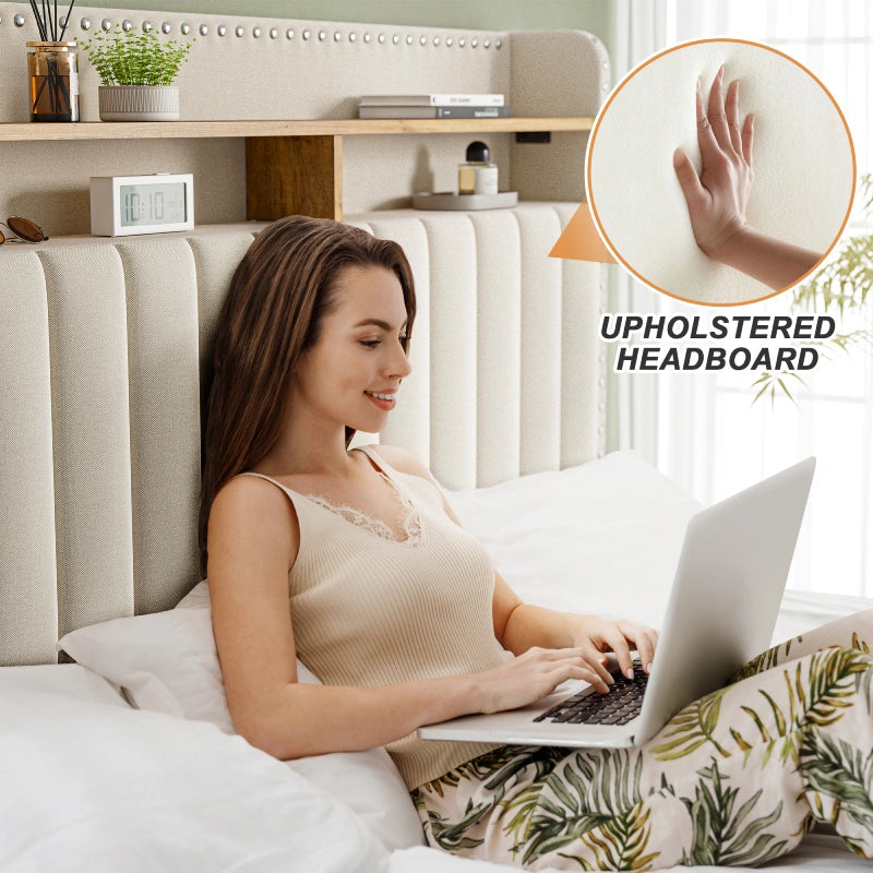 e Upholstered Queen Bed Frame with Storage and Headboard, Heavy Duty Metal Bed Frame with 2 Drawers, Noise-Free, White-Aldronix