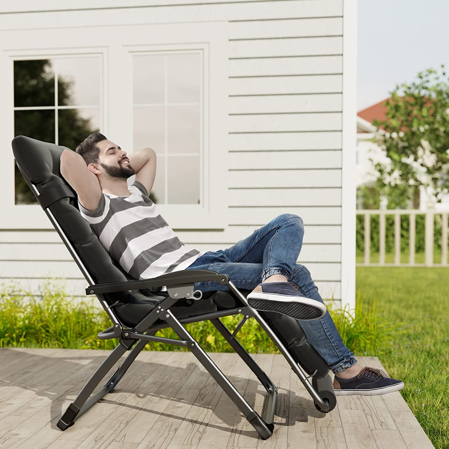 Oversized Zero Gravity Chair 33In XXL Patio Reclining Chair with Cushion, Outdoor Folding Adjustable Recliner with Cup Holder, Foot Rest & Padded Headrest, Support 500LB, Black-Aldronix