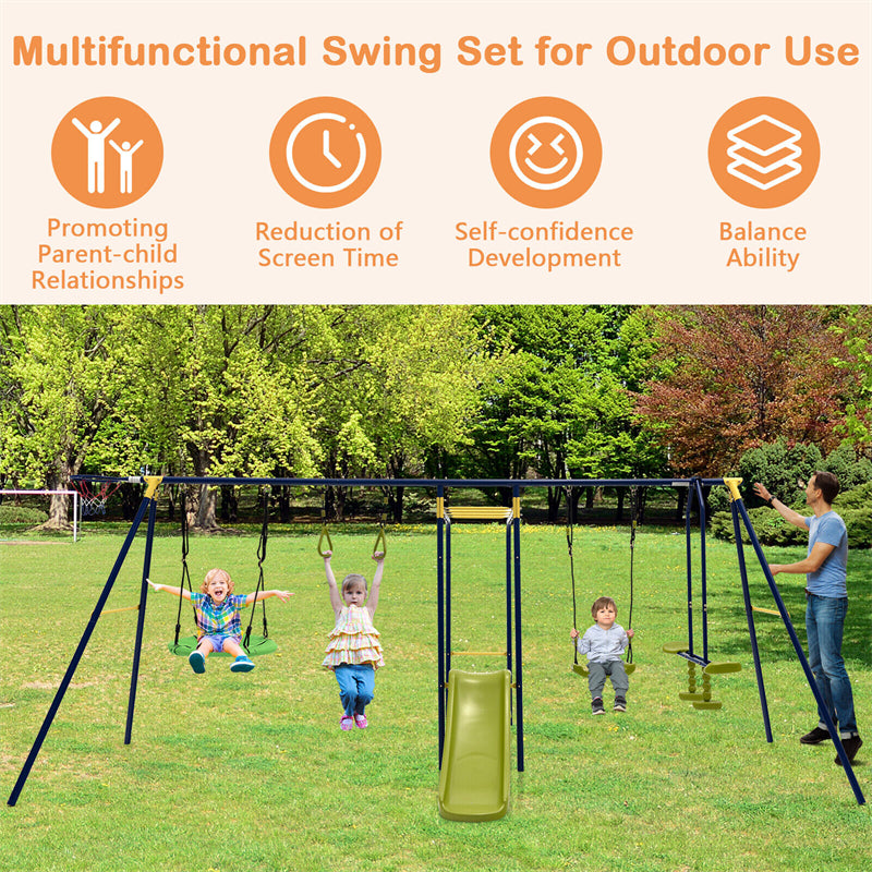 660 lbs Kids Swing Sets 7-in-1 Heavy Duty Backyard Swing Set Outdoor Playset with 2 Swings Glider Basketball Hoop Slide Gym Rings-Aldronix