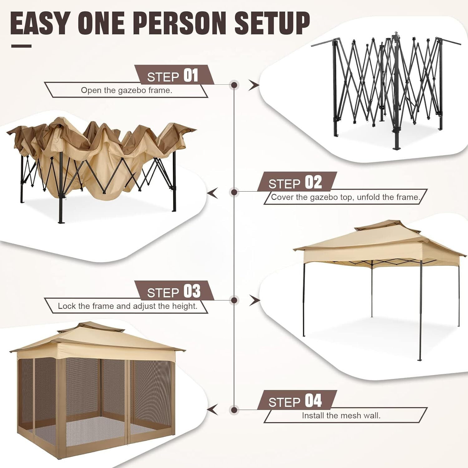 11x11 Pop up Gazebo Outdoor Canopy Gazebo Patio Gazebo with Mosquito Netting Canopy Shelter with 121 Square feet of Shade for Poolside, Garden, Party and Backyard, Khaki-Aldronix