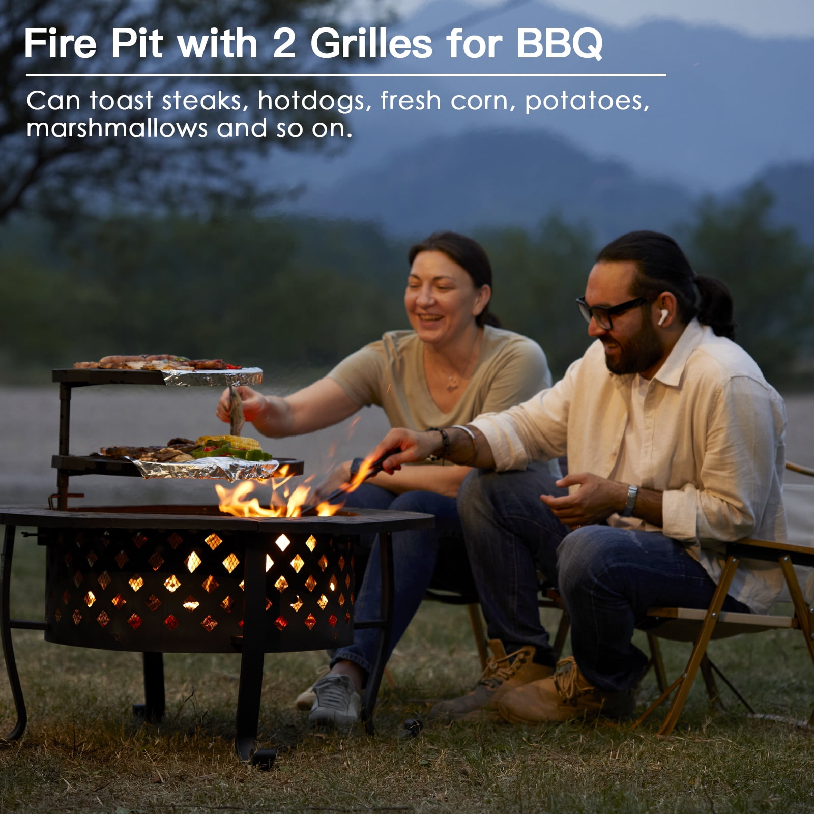 36 inch Fire Pit with 2 Grill with Lid for Outside, Papajet-Aldronix