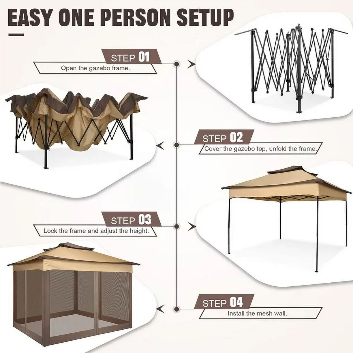 11x11 Pop up Gazebo Outdoor Canopy Gazebo Patio Gazebo with Mosquito Netting Canopy Shelter with 121 Square feet of Shade for Poolside, Garden, Party and Backyard, Khaki-Aldronix