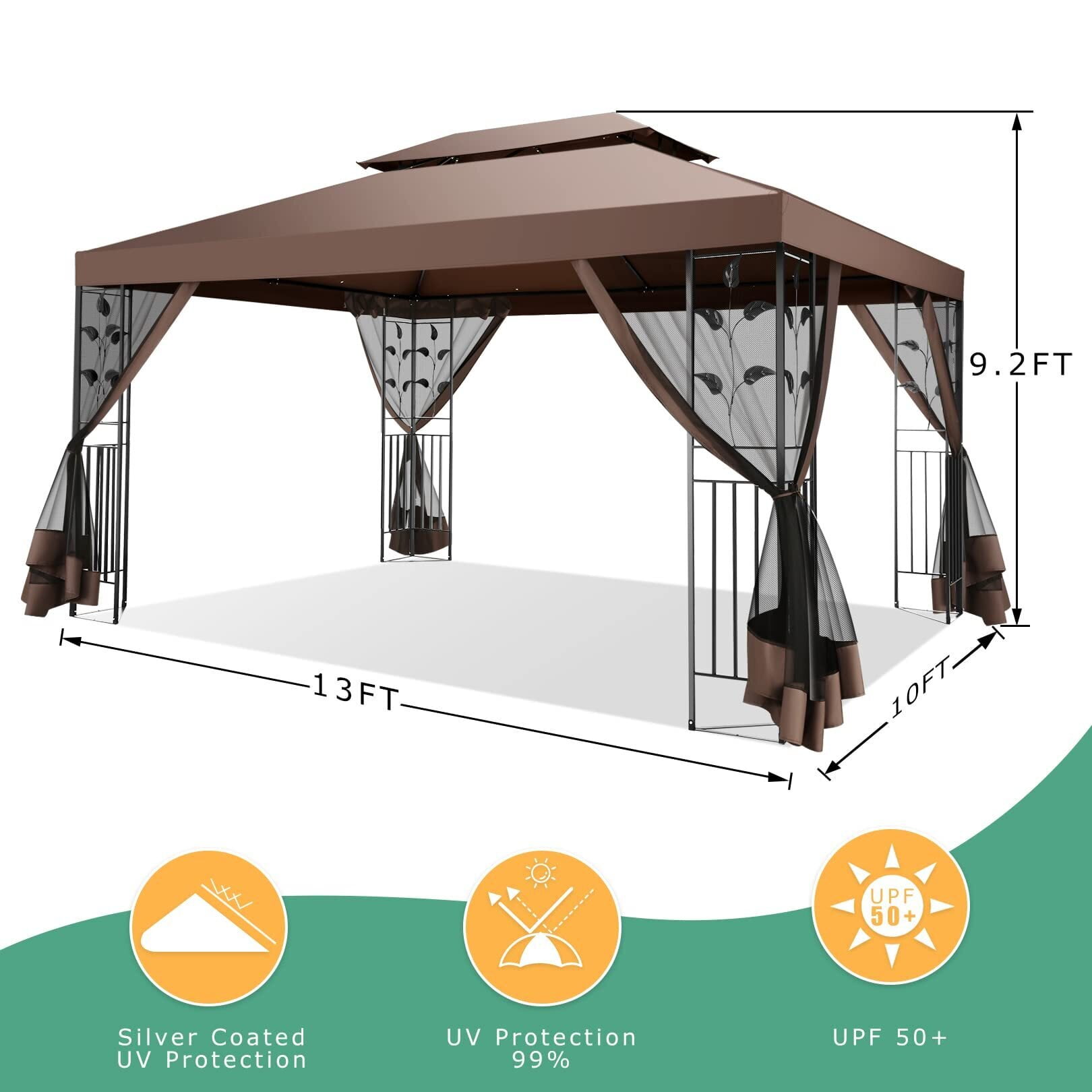 10'x 13' Metal Patio Gazebo, Outdoor Gazebo Canopy Tent for Backyard with Mosquito Netting, Gazebos Shelter with Steel Frame, Patio Covers for Sun and Rain, Brown-Aldronix