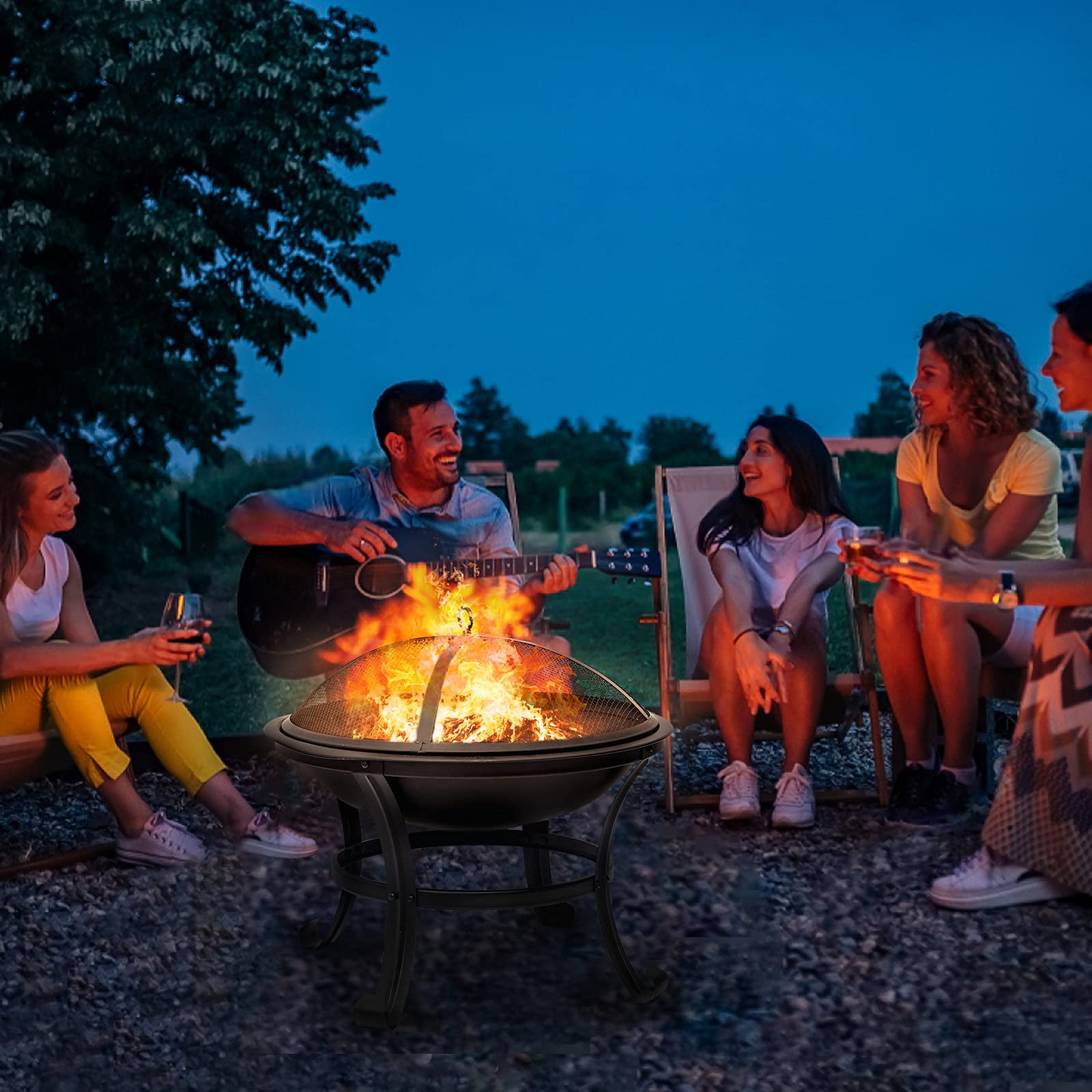 22 inch Wood Burning Fire Pit for Camping Picnic Bonfire Patio Outside Backyard Garden Small Bonfire Pit Steel Firepit Bowl with Spark Screen, Log Grate, Poker-Aldronix