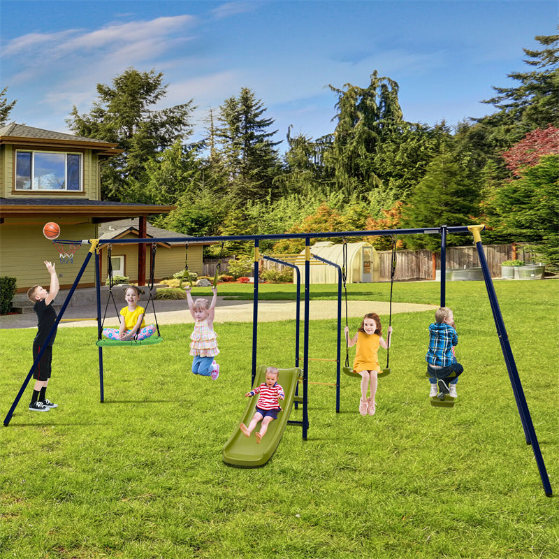 660 lbs Kids Swing Sets 7-in-1 Heavy Duty Backyard Swing Set Outdoor Playset with 2 Swings Glider Basketball Hoop Slide Gym Rings-Aldronix
