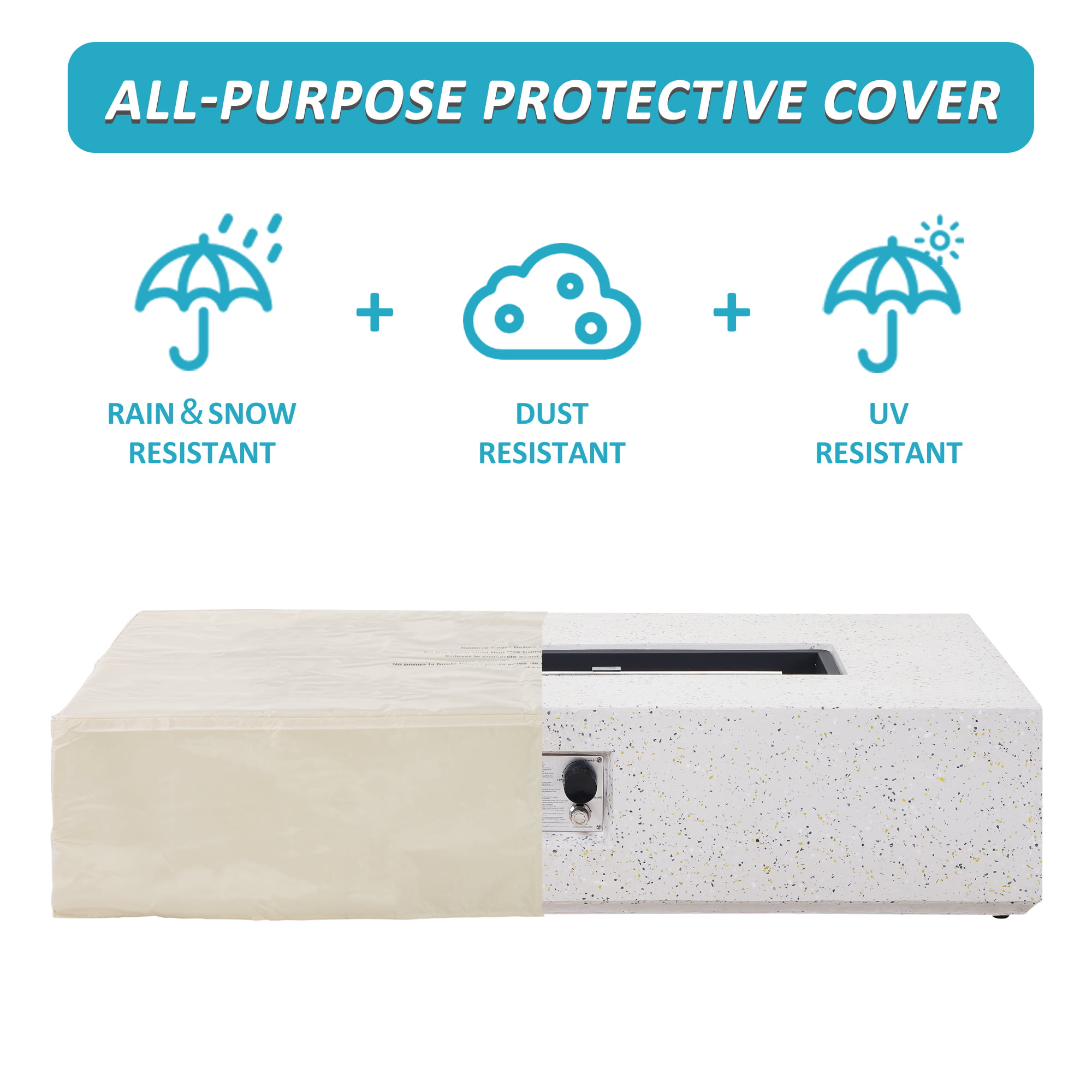 56 inch Concrete Propane Fire Pit Table, 50,000 BTU Outdoor Firepit Rectangular Table with Propane Tank Metal Stand, Fire Glass Beads and Waterproof Cover, White-Aldronix