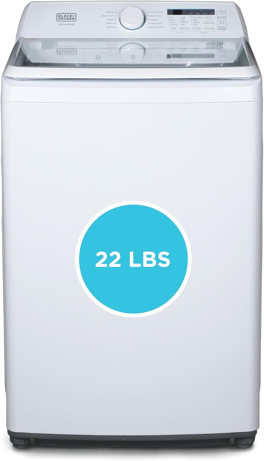BLACK+DECKER 0.9 Cu. Ft. Portable Washer, 6.6 lb. Capacity Washing Machine for Homes & Apartments, 5 Wash Cycles, Quick Connect Sink Adapter and Drain Hose Included, Transparent Lid, BPWM09W, White-Aldronix