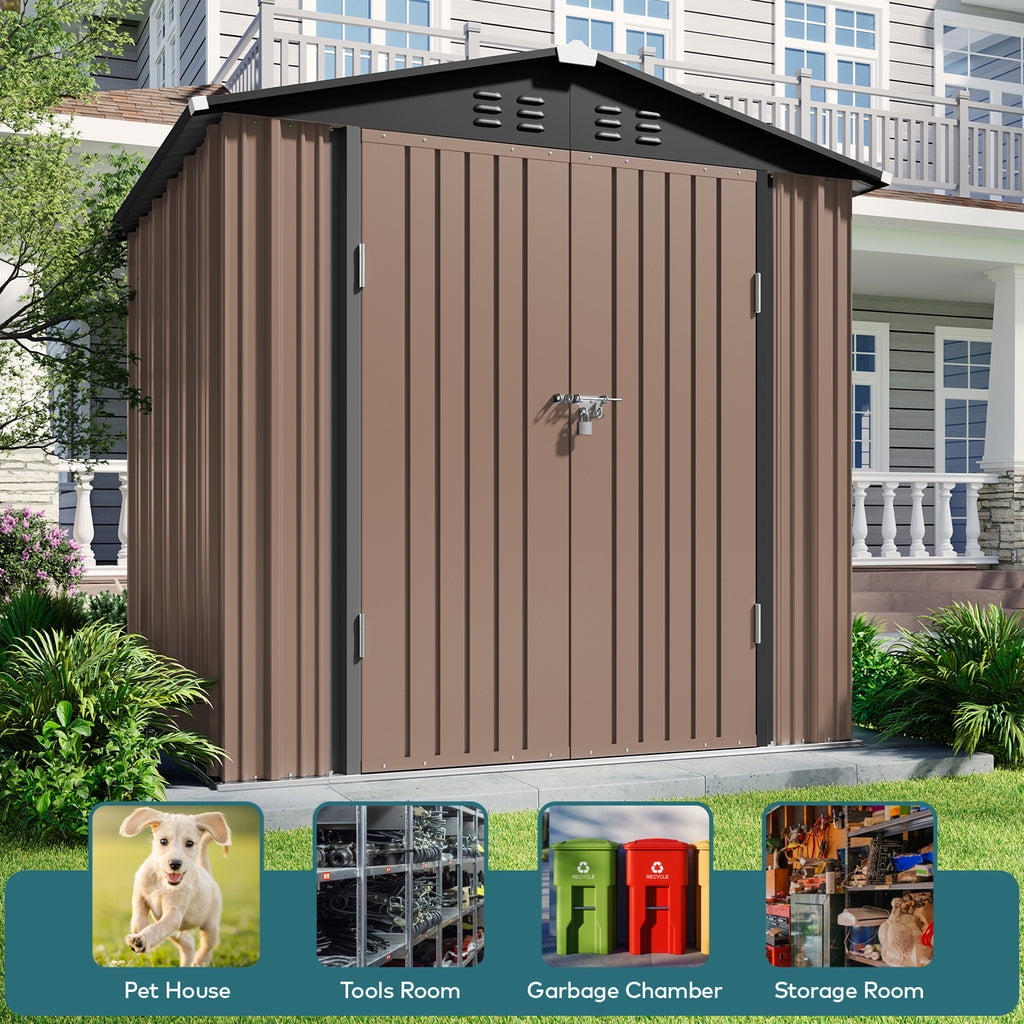 8 x 6 FT Outdoor Storage Shed on Clearance with Metal Base Frame and Double Lockable Doors for Garden, Patio - Gray-Aldronix