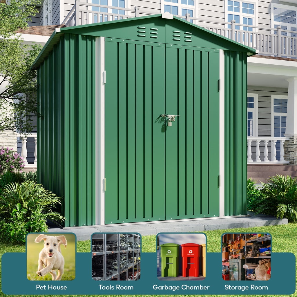 8 x 6 FT Outdoor Storage Shed on Clearance with Metal Base Frame and Double Lockable Doors for Garden, Patio - Gray-Aldronix