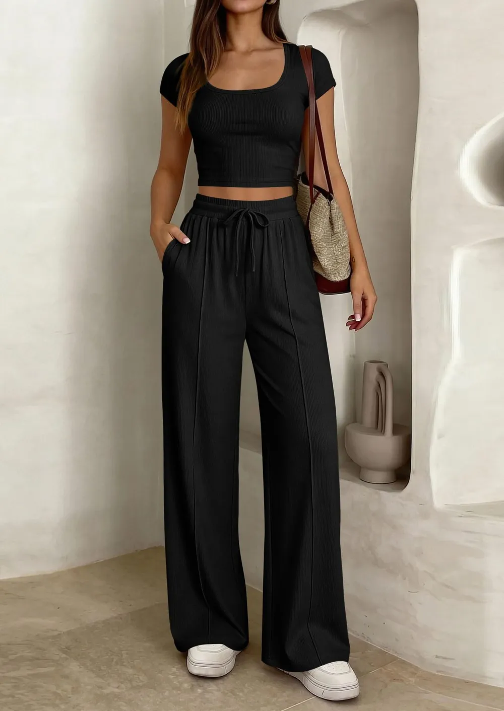 Women's 2 Piece Outfits Square Neck Crop Top High Waist Wide Leg Pants Loungewear Set-Aldronix
