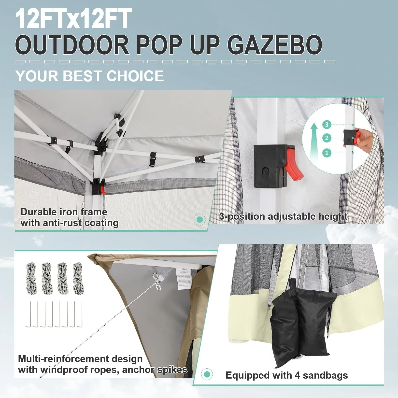 11x11 Pop up Gazebo Outdoor Canopy Gazebo Patio Gazebo with Mosquito Netting Canopy Shelter with 121 Square feet of Shade for Poolside, Garden, Party and Backyard, Khaki-Aldronix