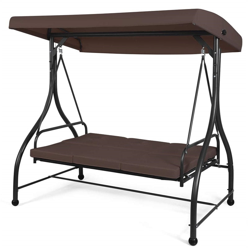 3 Seats Outdoor Patio Porch Swing Chair with Cushion Seat & Adjustable Tilt Canopy-Aldronix