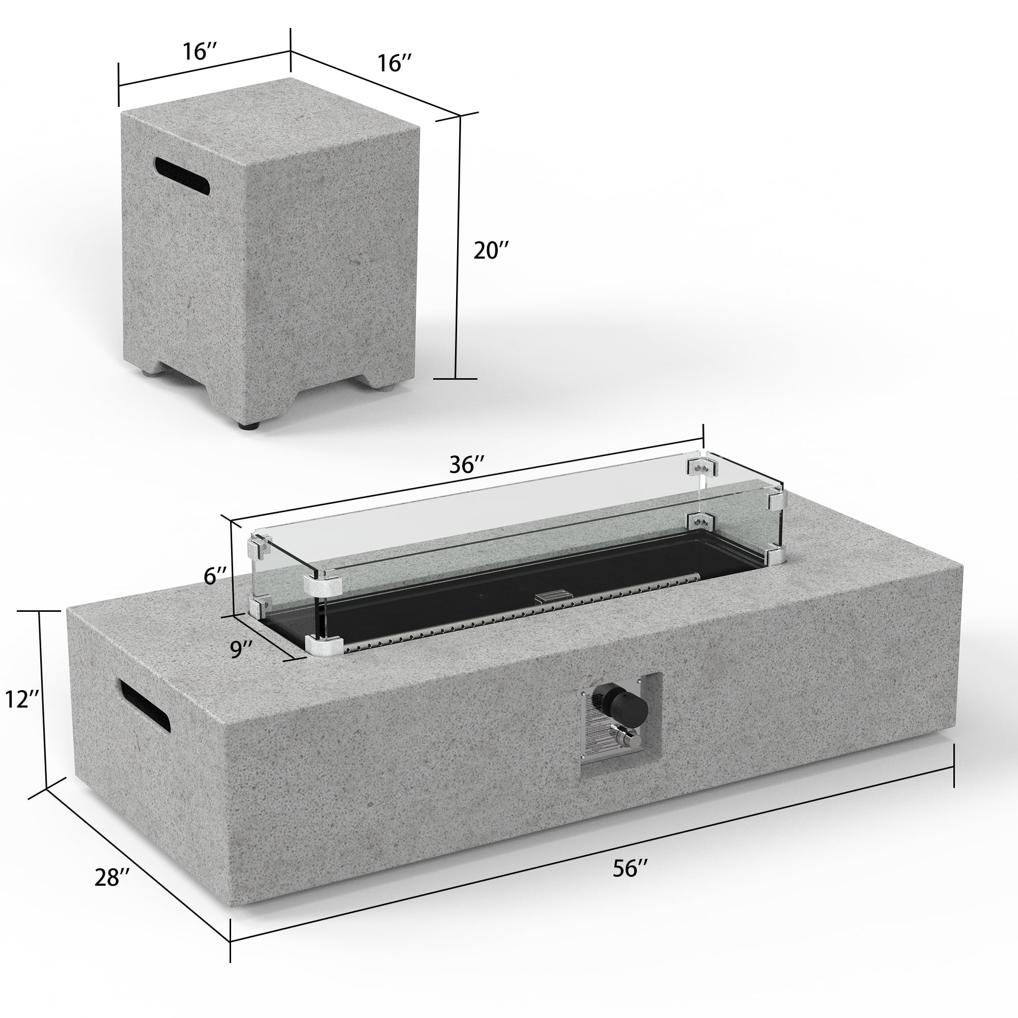 56 inch Concrete Propane Fire Pit Table, 50,000 BTU Outdoor Firepit Rectangular Table with Propane Tank Metal Stand, Fire Glass Beads and Waterproof Cover, White-Aldronix