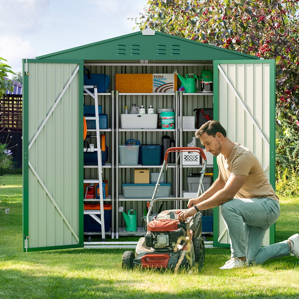 8 x 6 FT Outdoor Storage Shed on Clearance with Metal Base Frame and Double Lockable Doors for Garden, Patio - Gray-Aldronix