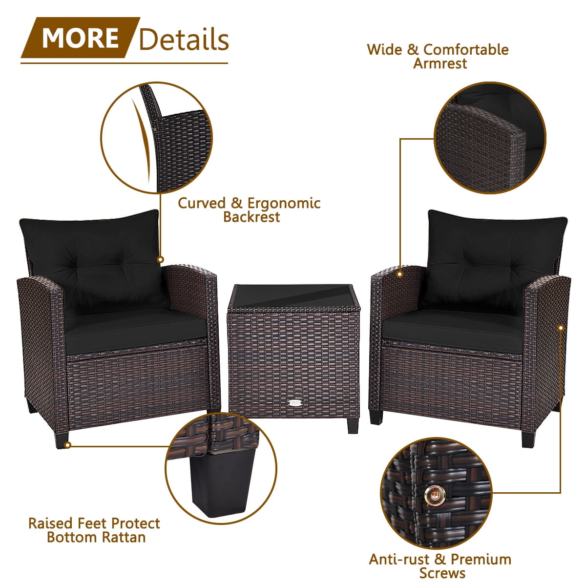 3 Pieces Wicker Cushioned Conversation Set Outdoor Rattan Furniture with Turquoise Cushions-Aldronix