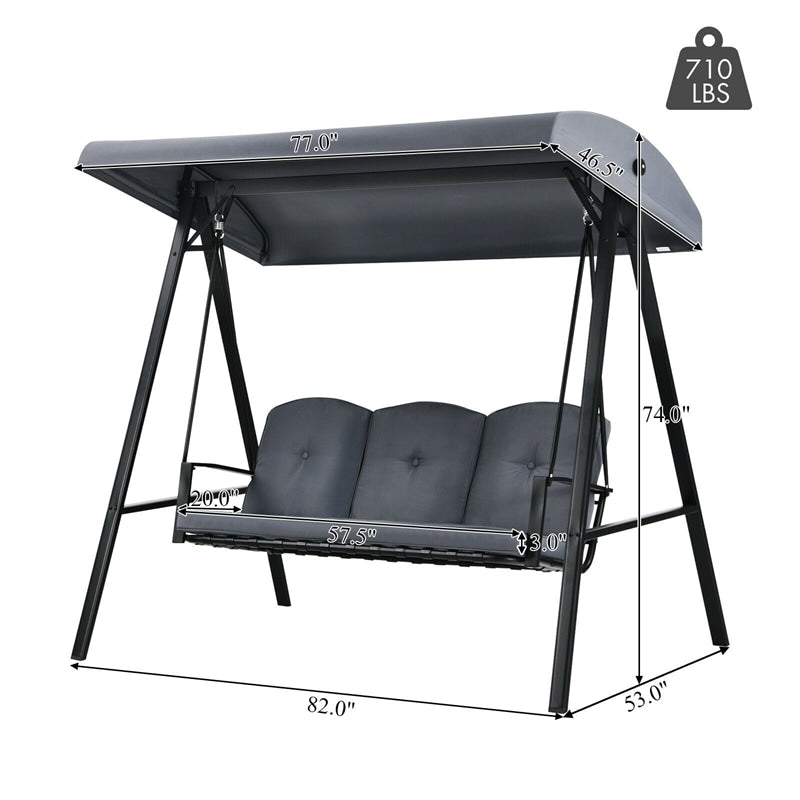 3-Seat Outdoor Porch Swing with Adjustable Tilt Canopy & Removable Cushions-Aldronix