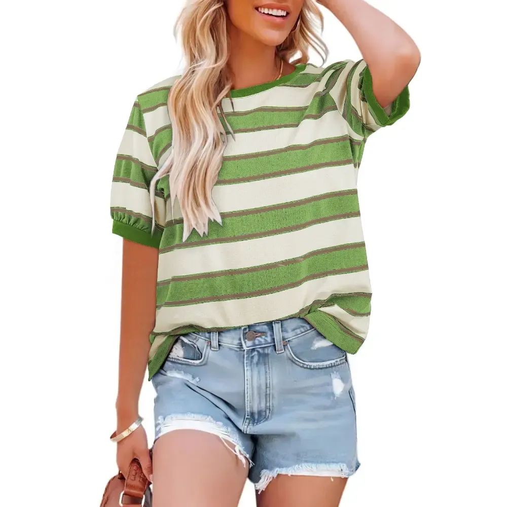 Women's Striped Color Block Short Sleeve T-Shirts - 95% Cotton + 5% Elastane Breathable Lightweight Soft Durable-Aldronix