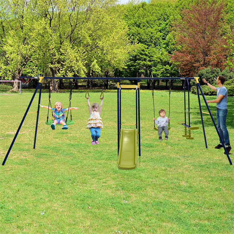 660 lbs Kids Swing Sets 7-in-1 Heavy Duty Backyard Swing Set Outdoor Playset with 2 Swings Glider Basketball Hoop Slide Gym Rings-Aldronix