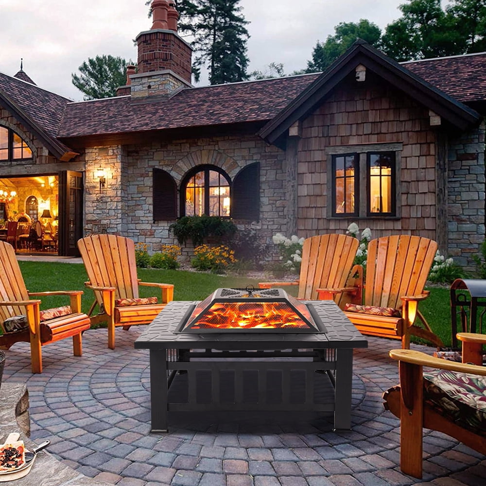 Outdoor Fire Pit, 32" Square Metal Fire Pit Table with Spark Screen & Log Poker, Stove Wood Burning Fire Pit Bowl, Ideal for Yard Patio Beach Picnic Bonfire-Aldronix